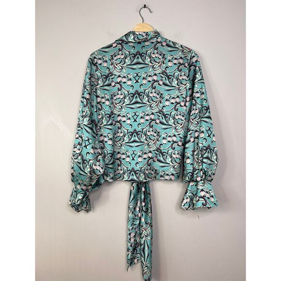 NEW Alexis Wrap Tie Satin Long Blouson Sleeves Tallara Top Blue Aqua Tulip - Picture 6 of 7